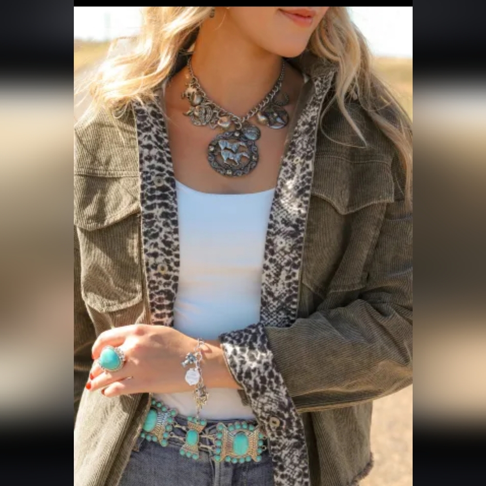 New gray corduroy snakeskin trim jacket